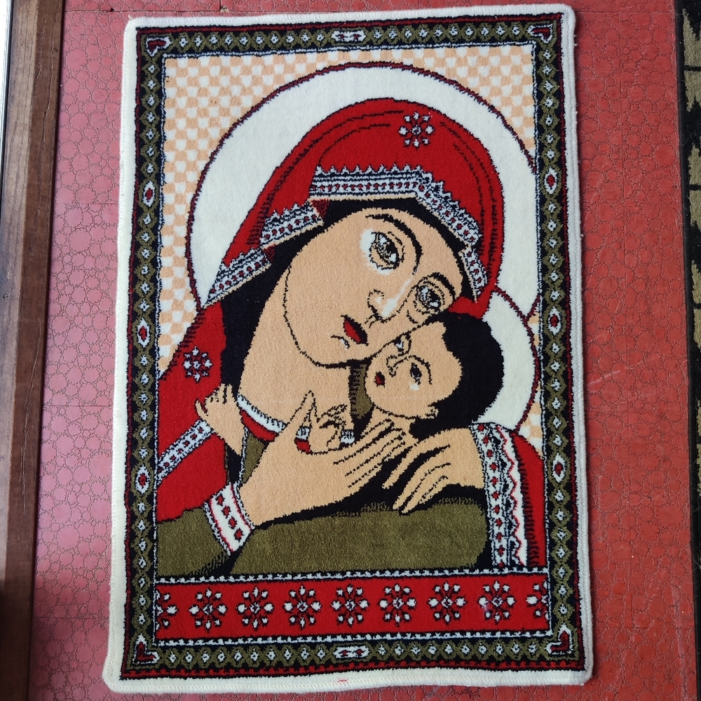 Vintage Religious Mary Baby Jesus Wool Accent Prayer Rug Woven Floor Wall